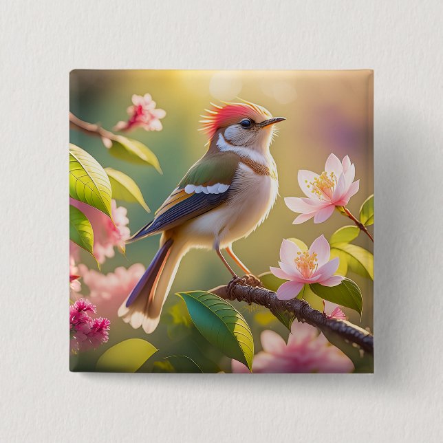 Red Headed Buff Chested Warbler Fantasy Bird 2 Inch Square Button (Front)