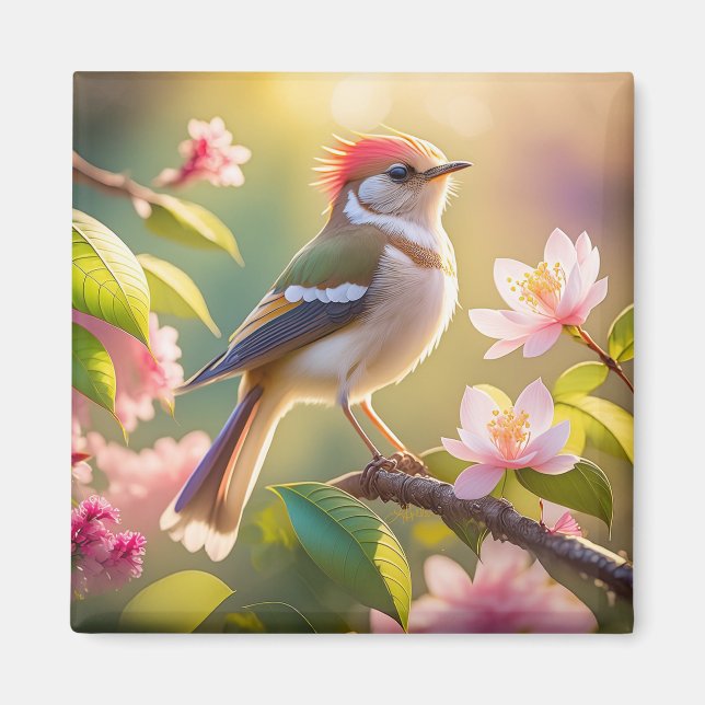 Red Headed Buff Chested Warbler Fantasy Bird Magnet (Front)