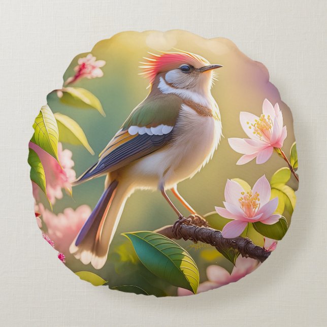 Red Headed Buff Chested Warbler Fantasy Bird Round Pillow (Front)