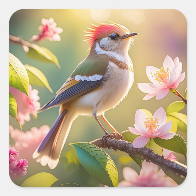 Red Headed Buff Chested Warbler Fantasy Bird Square Sticker (Front)