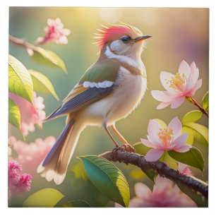 Red Headed Buff Chested Warbler Fantasy Bird Tile