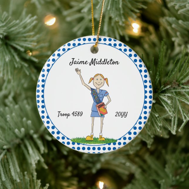 Red Headed Cadette Girl Scouting Blue Polka-Dots Ceramic Ornament (Tree)