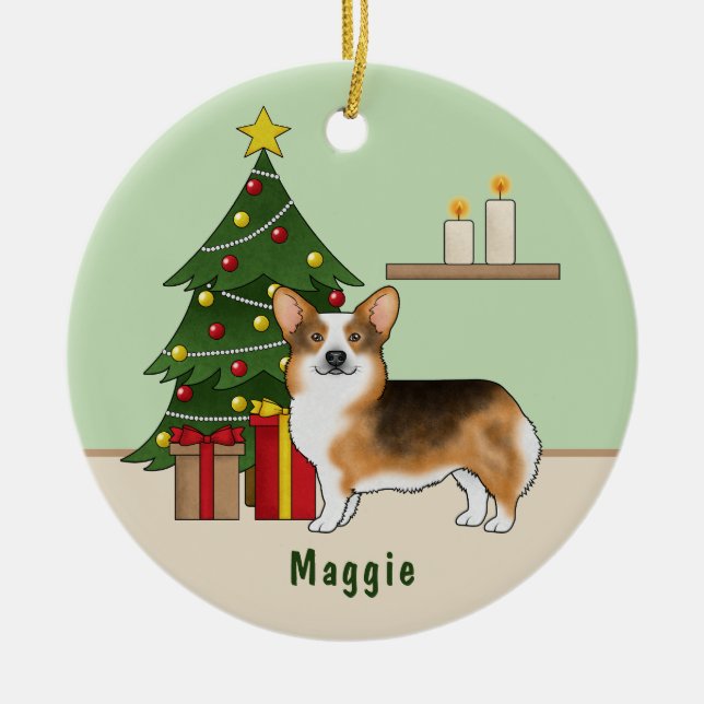 Red Headed Tri Pembroke Welsh Corgi Christmas Tree Ceramic Ornament (Front)
