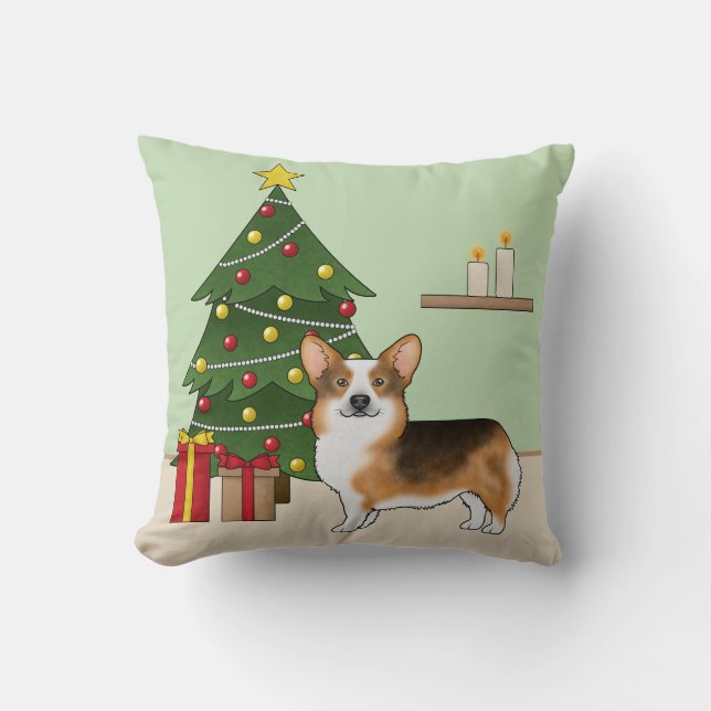 Red Headed Tri Pembroke Welsh Corgi Christmas Tree Throw Pillow (Front)
