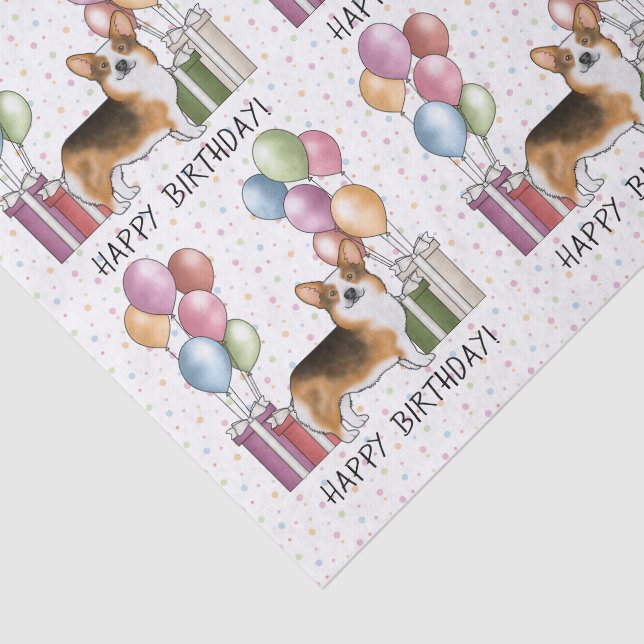 Red Headed Tri Pembroke Welsh Corgi Happy Birthday Tissue Paper (Detail)