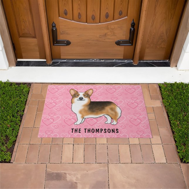 Red Headed Tri Pembroke Welsh Corgi Hearts & Name Doormat (Outdoor)