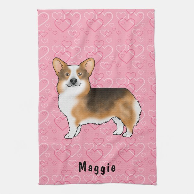 Red Headed Tri Pembroke Welsh Corgi Hearts & Name Kitchen Towel (Vertical)