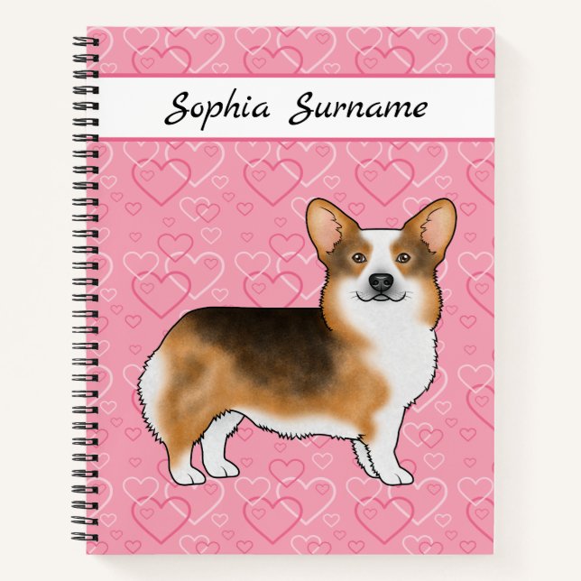 Red Headed Tri Pembroke Welsh Corgi Hearts & Name Notebook (Front)