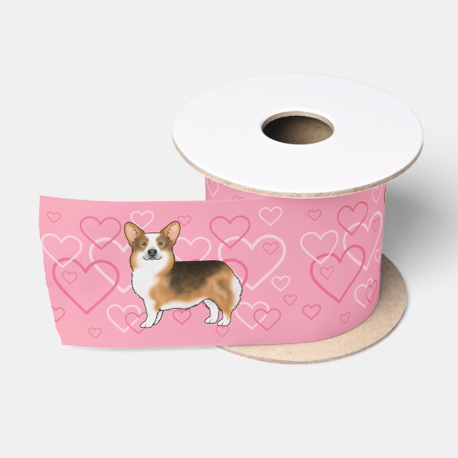 Red Headed Tri Pembroke Welsh Corgi Love Pink Satin Ribbon (Spool)