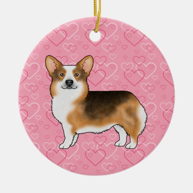 Red Headed Tri Pembroke Welsh Corgi Pink Hearts Ceramic Ornament (Front)