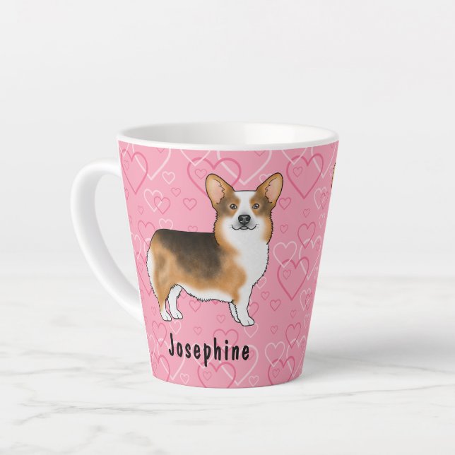 Red Headed Tri Pembroke Welsh Corgi Pink Hearts Latte Mug (Left Angle)