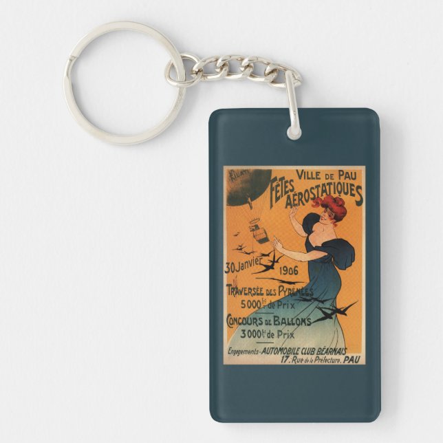 Red-Headed Woman Awaits Balloons Birds Poster Keychain (Front)