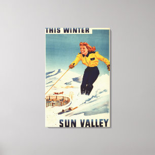 Red-headed Woman Smiling and Skiing Poster Canvas Print