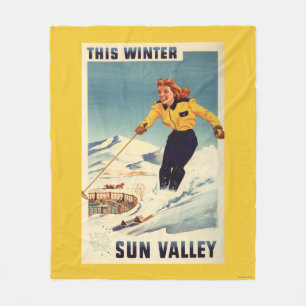 Red-headed Woman Smiling and Skiing Poster Fleece Blanket