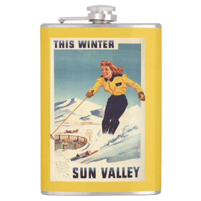 Red-headed Woman Smiling and Skiing Poster Hip Flask (Front)