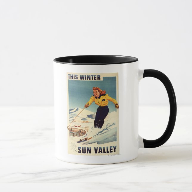 Red-headed Woman Smiling and Skiing Poster Mug (Right)