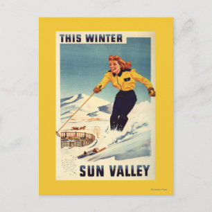Red-headed Woman Smiling and Skiing Poster Postcard