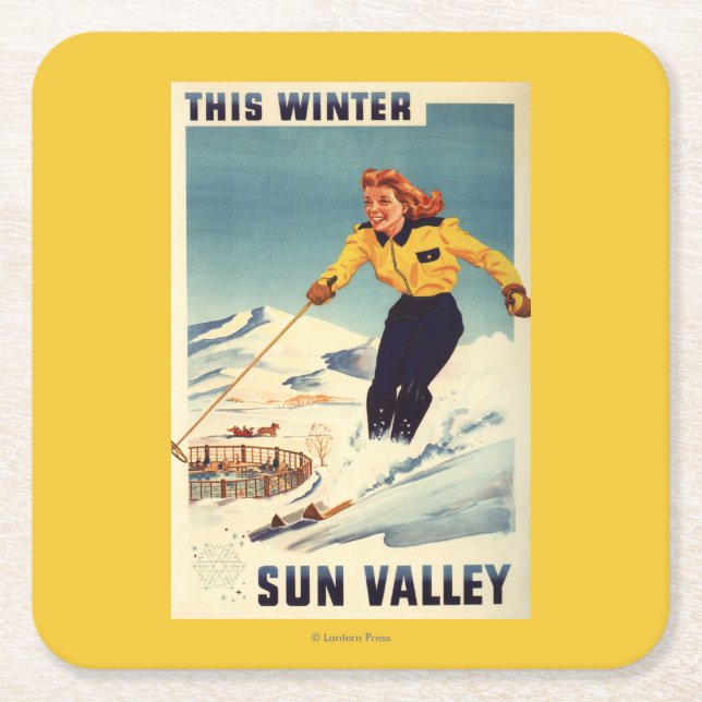 Red-headed Woman Smiling and Skiing Poster Square Paper Coaster (Front)