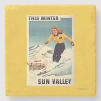 Red-headed Woman Smiling and Skiing Poster