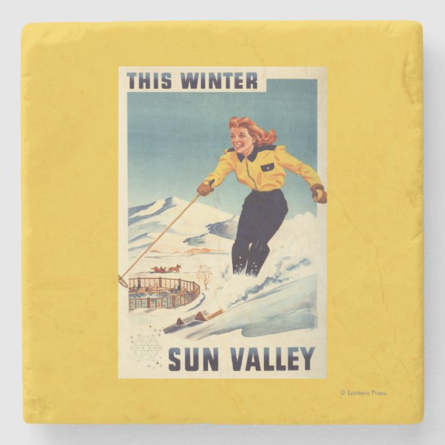 Red-headed Woman Smiling and Skiing Poster Stone Coaster (Front)
