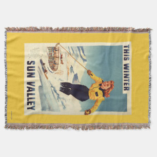 Red-headed Woman Smiling and Skiing Poster Throw Blanket