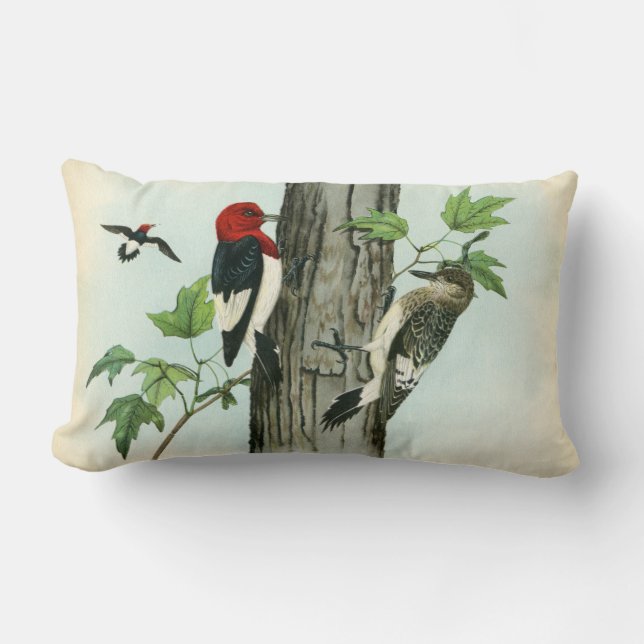 Red-Headed Woodpeckers Nature Antique Tree Lumbar Pillow (Front)