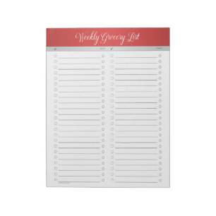 Red Header Weekly Grocery List - Checklist Notepad