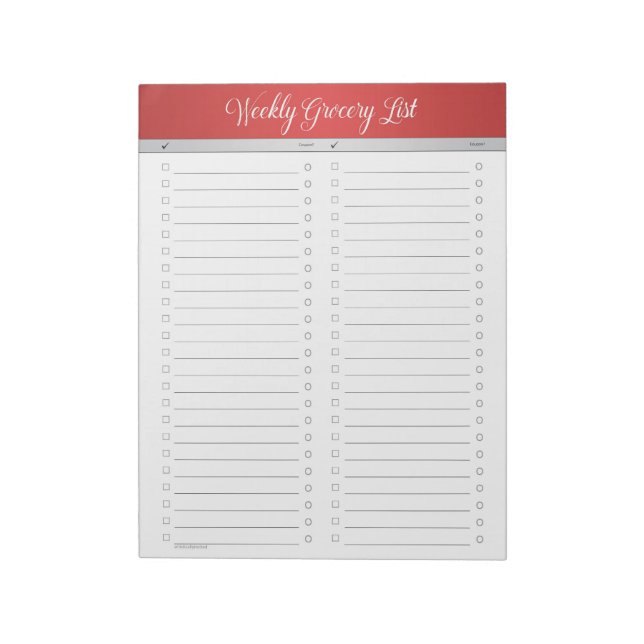 Red Header Weekly Grocery List - Checklist Notepad (Rotated)
