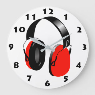 RED HEADPHONES WITH BLACK NUMBERS LARGE CLOCK