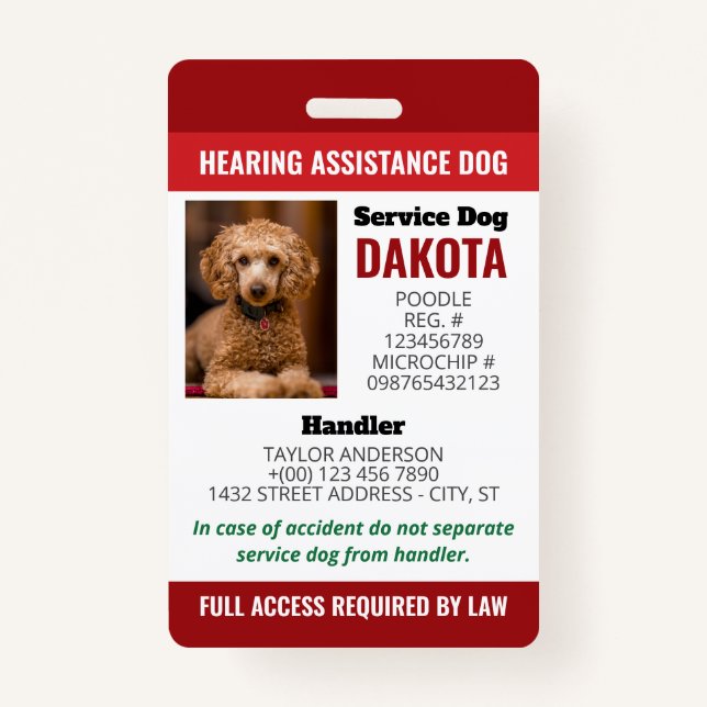 Red Hearing Assistance Dog Logo QR Photo ID Badge (Front)