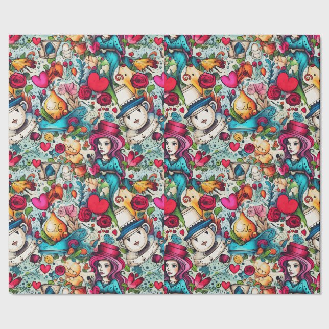 Red Heart Alice Tea Party Theme Wrapping Paper (Seam)