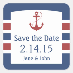 Red Heart Anchor Nautical Save the Date Square Sticker