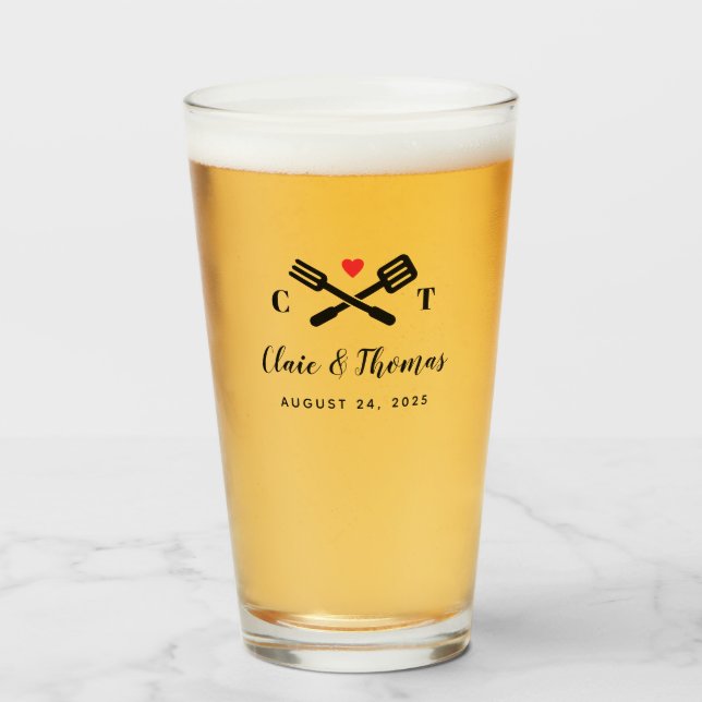 Red Heart and BBQ Tools Couple's Wedding Glass (Front Filled)