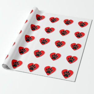 Red Heart And Dog Paw Print Wrapping Paper