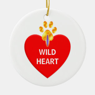 Red heart and golden paw on white Christmas Ceramic Ornament