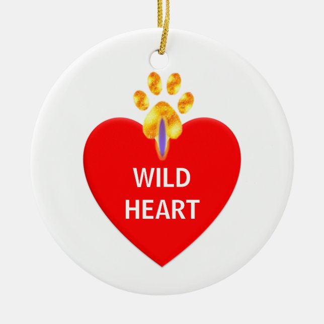 Red heart and golden paw on white Christmas Ceramic Ornament (Front)