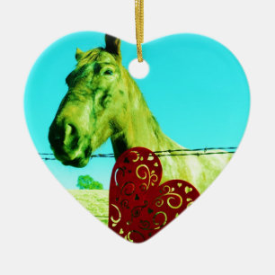 Red Heart and Horse Ceramic Ornament