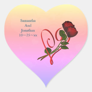 Red Heart And Roses Wedding Personalized Heart Sticker