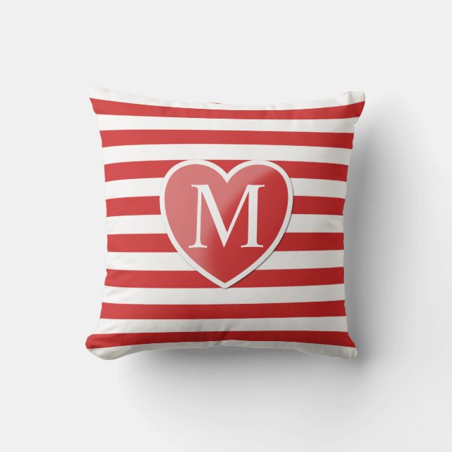 Red Heart and Striped Monogram Throw Pillow (Front)