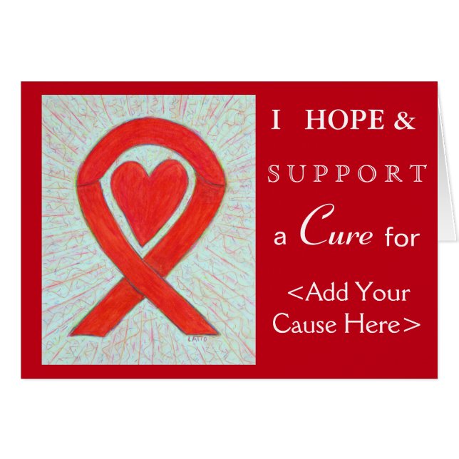 Red Heart Awareness Ribbon Custom Cause Note Cards (Front Horizontal)