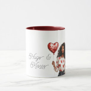 Red Heart Balloon Black Girl Valentine Hugs Kisses Mug