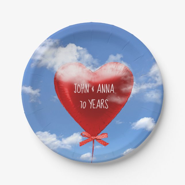 Red heart balloon in clouds for 70th anniversary paper plate (Front)