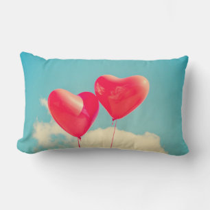 Red Heart Balloons Against Cloudy Sky Lumbar Pillow