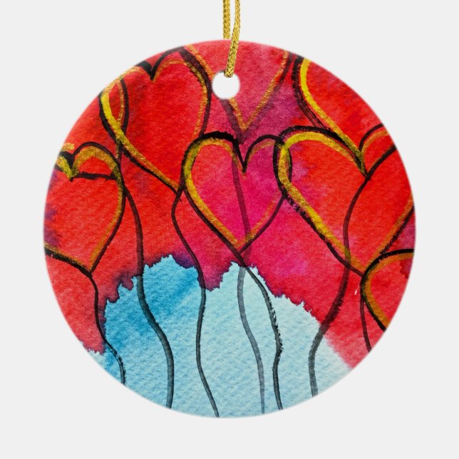Red heart balloons Valentine watercolor Ceramic Ornament (Front)