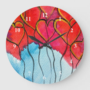 Red heart balloons Valentine watercolor Large Clock