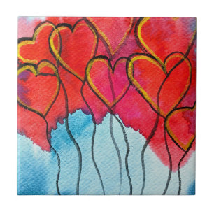 Red heart balloons Valentine watercolor Tile