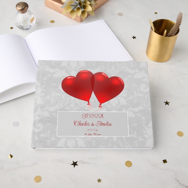 Red Heart Balloons Wedding Guest Book (Front Open)