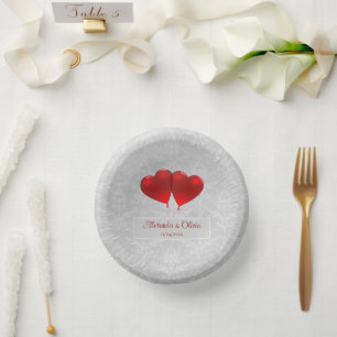 Red Heart Balloons Wedding Paper Plate