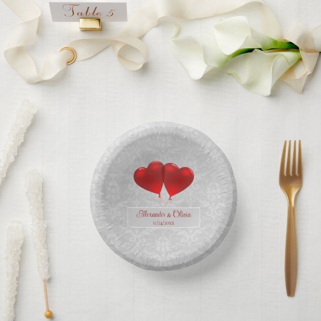 Red Heart Balloons Wedding Paper Plate (Wedding)
