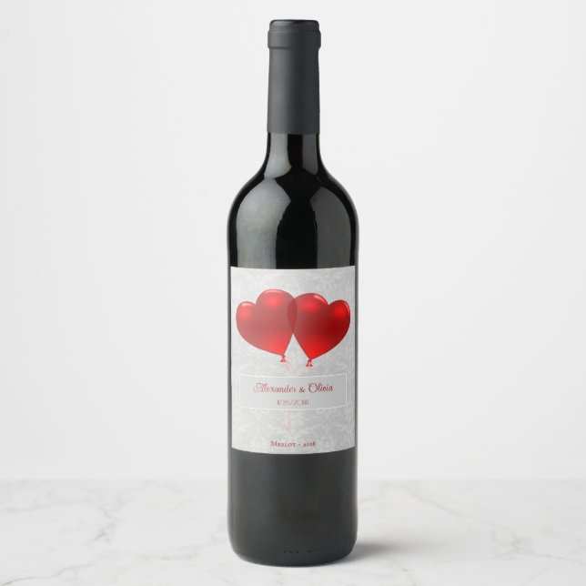 Red Heart Balloons Wedding Wine Label (Front)